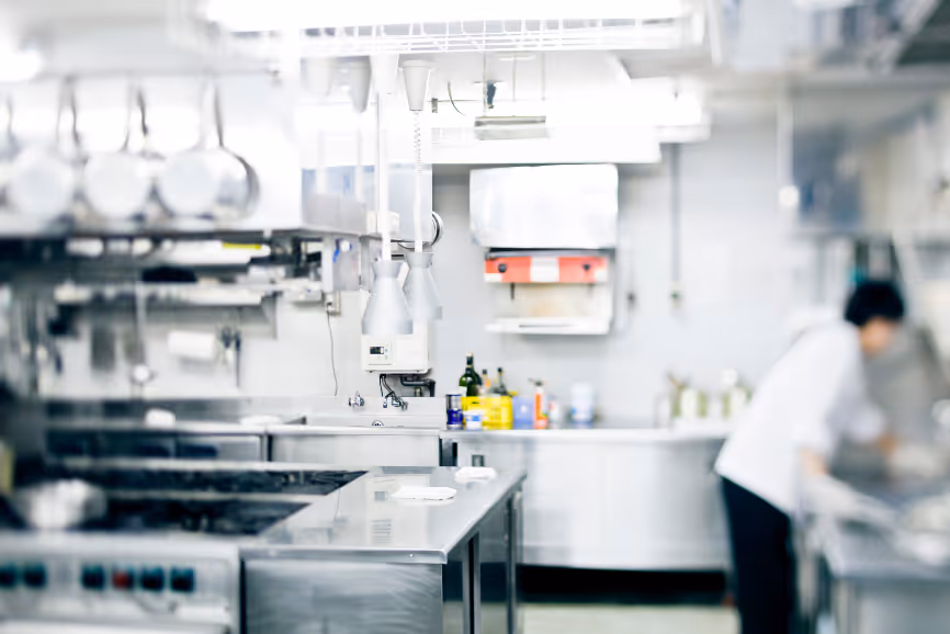 blurry picture of restaurant kitchen. Restaurant equipment.